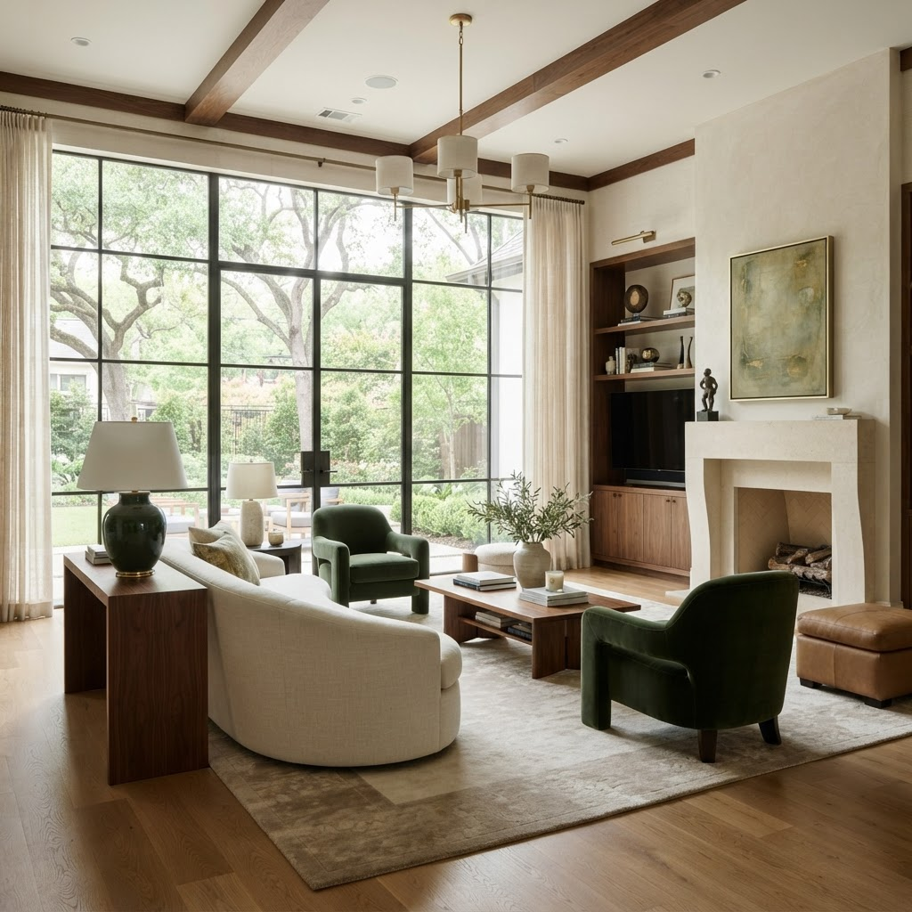 Refined luxury living room interior with natural light