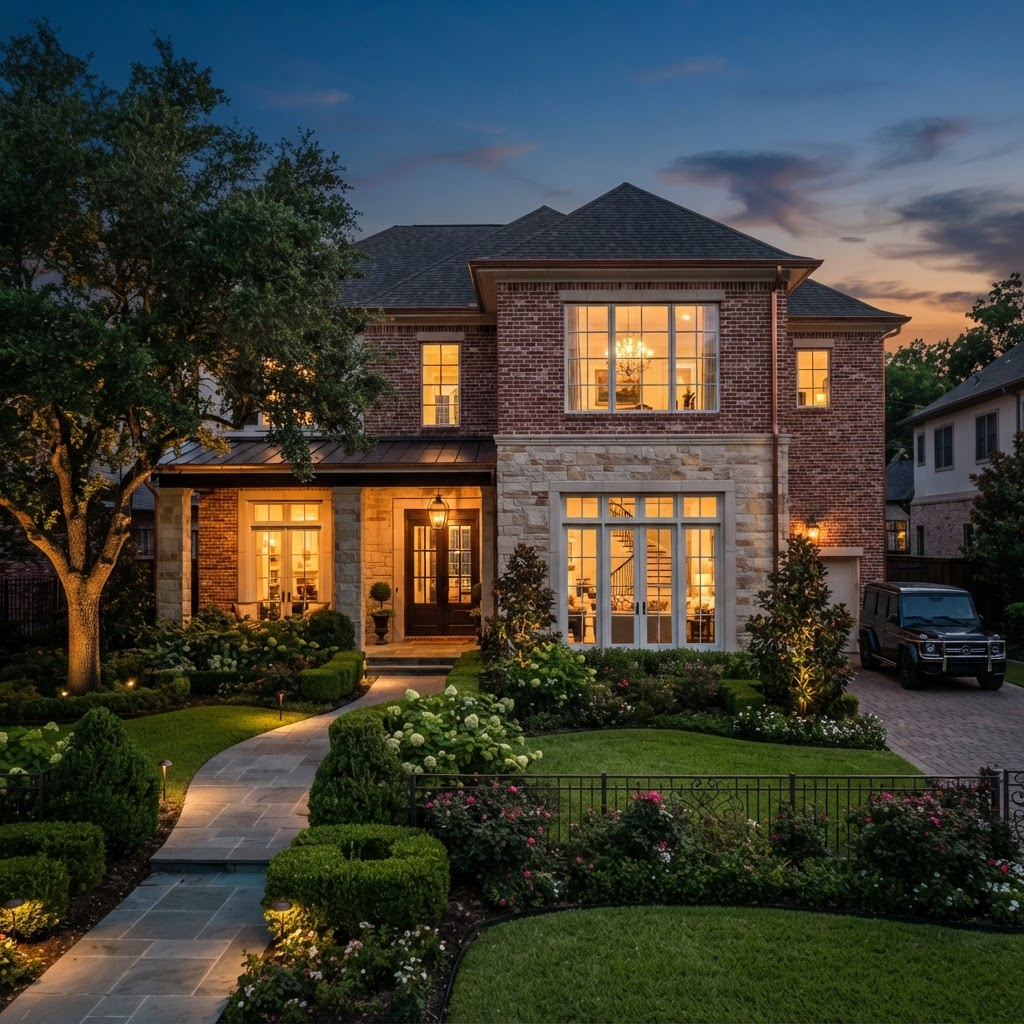 Elegant Houston home at dusk with warm interior lighting